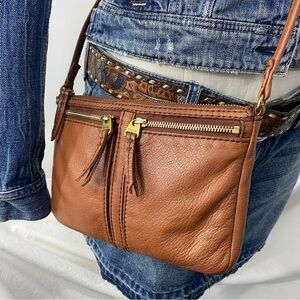 Vintage Fossil Erin Cognac Caramel Brown Pebbled Leather Top Zip Crossbody Bag